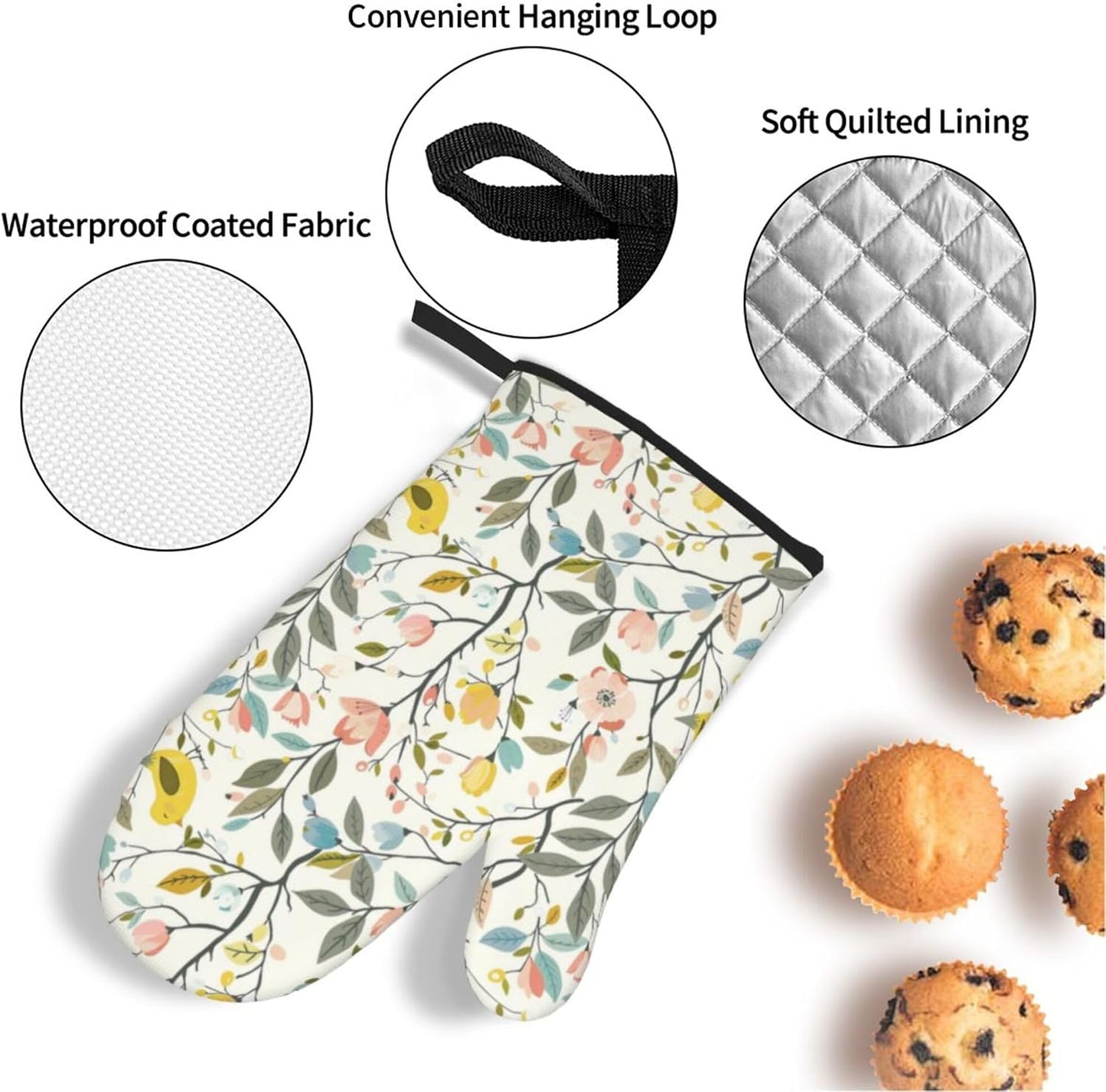 Yellow Bird&Pastel Bloom Oven Mitts and Pot Holders Set | Heat Resistant Non-Slip Waterproof Oven Gloves for Kitchen Baking Cooking BBQ, 4-Piece Set