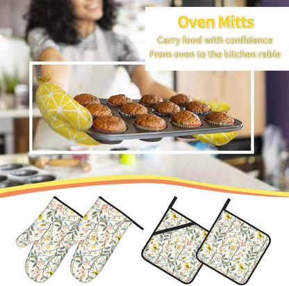 Yellow Bird&Pastel Bloom Oven Mitts and Pot Holders Set | Heat Resistant Non-Slip Waterproof Oven Gloves for Kitchen Baking Cooking BBQ, 4-Piece Set