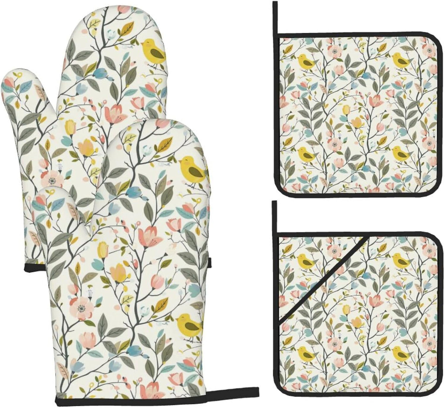 Yellow Bird&Pastel Bloom Oven Mitts and Pot Holders Set | Heat Resistant Non-Slip Waterproof Oven Gloves for Kitchen Baking Cooking BBQ, 4-Piece Set