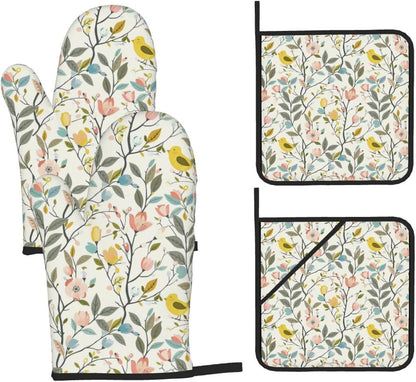 Yellow Bird&Pastel Bloom Oven Mitts and Pot Holders Set | Heat Resistant Non-Slip Waterproof Oven Gloves for Kitchen Baking Cooking BBQ, 4-Piece Set