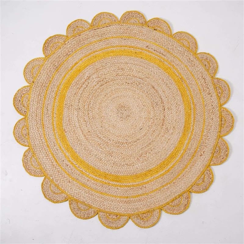GI Loom Round Scalloped Hand-Braided Jute Rug – Natural & White Strip Design, Eco-Friendly Boho Circle Rug for Living Room, Bedroom, Entryway (3X3) Yellow