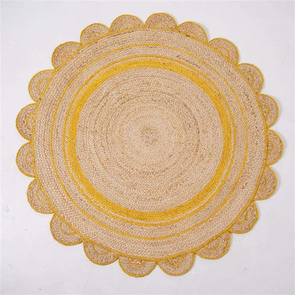 GI Loom Round Scalloped Hand-Braided Jute Rug – Natural & White Strip Design, Eco-Friendly Boho Circle Rug for Living Room, Bedroom, Entryway (3X3) Yellow