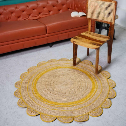 GI Loom Round Scalloped Hand-Braided Jute Rug – Natural & White Strip Design, Eco-Friendly Boho Circle Rug for Living Room, Bedroom, Entryway (3X3) Yellow