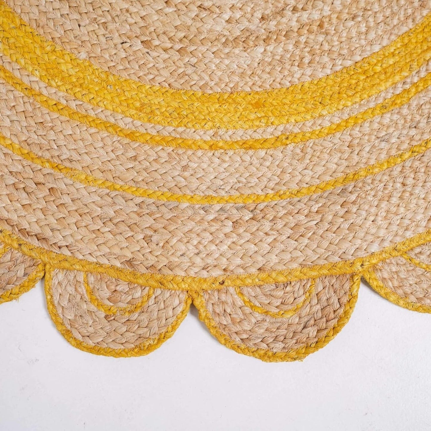 GI Loom Round Scalloped Hand-Braided Jute Rug – Natural & White Strip Design, Eco-Friendly Boho Circle Rug for Living Room, Bedroom, Entryway (3X3) Yellow