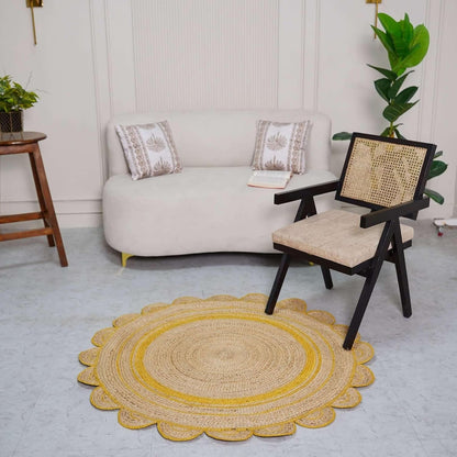 GI Loom Round Scalloped Hand-Braided Jute Rug – Natural & White Strip Design, Eco-Friendly Boho Circle Rug for Living Room, Bedroom, Entryway (3X3) Yellow