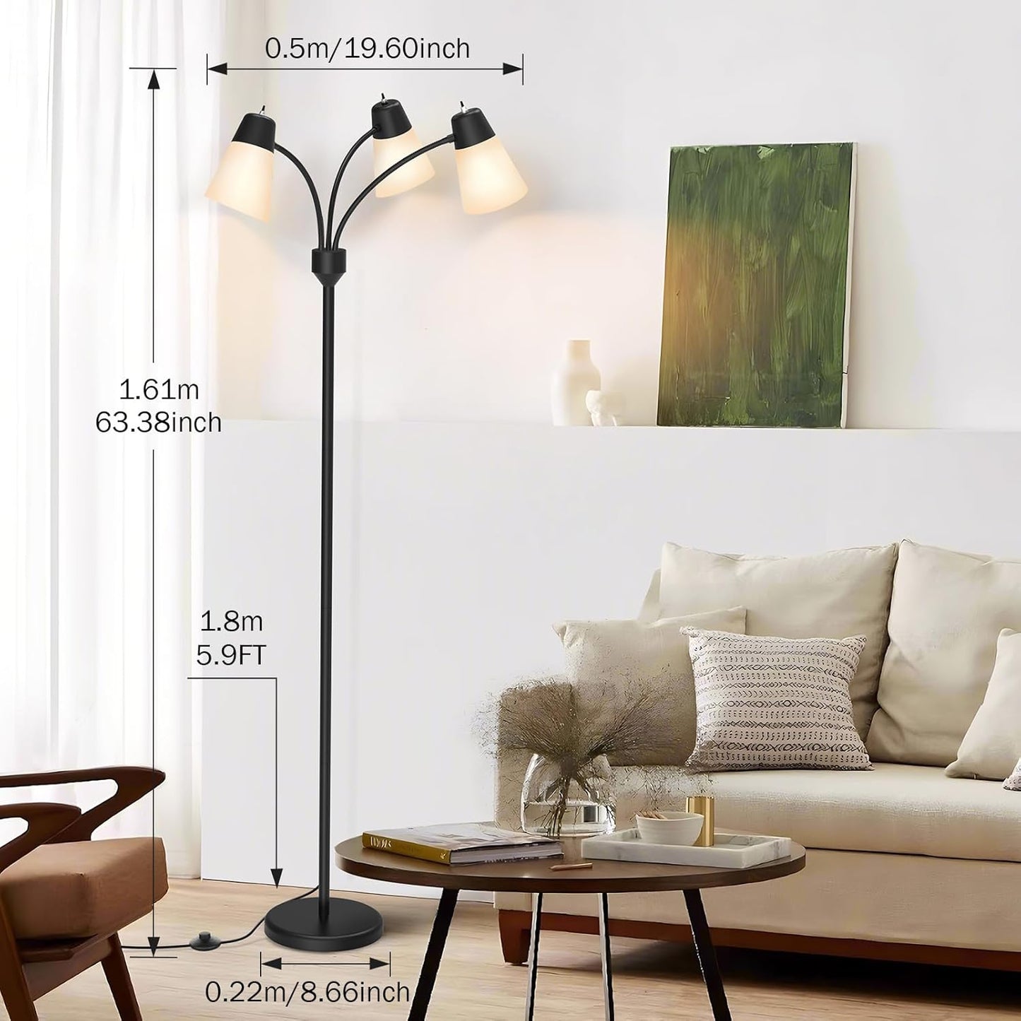 LED Floor Lamp, Medusa 3 Head Modern Adjustable Tall Standing Light for Living/Kids Room, Bedroom, Office, Dorm