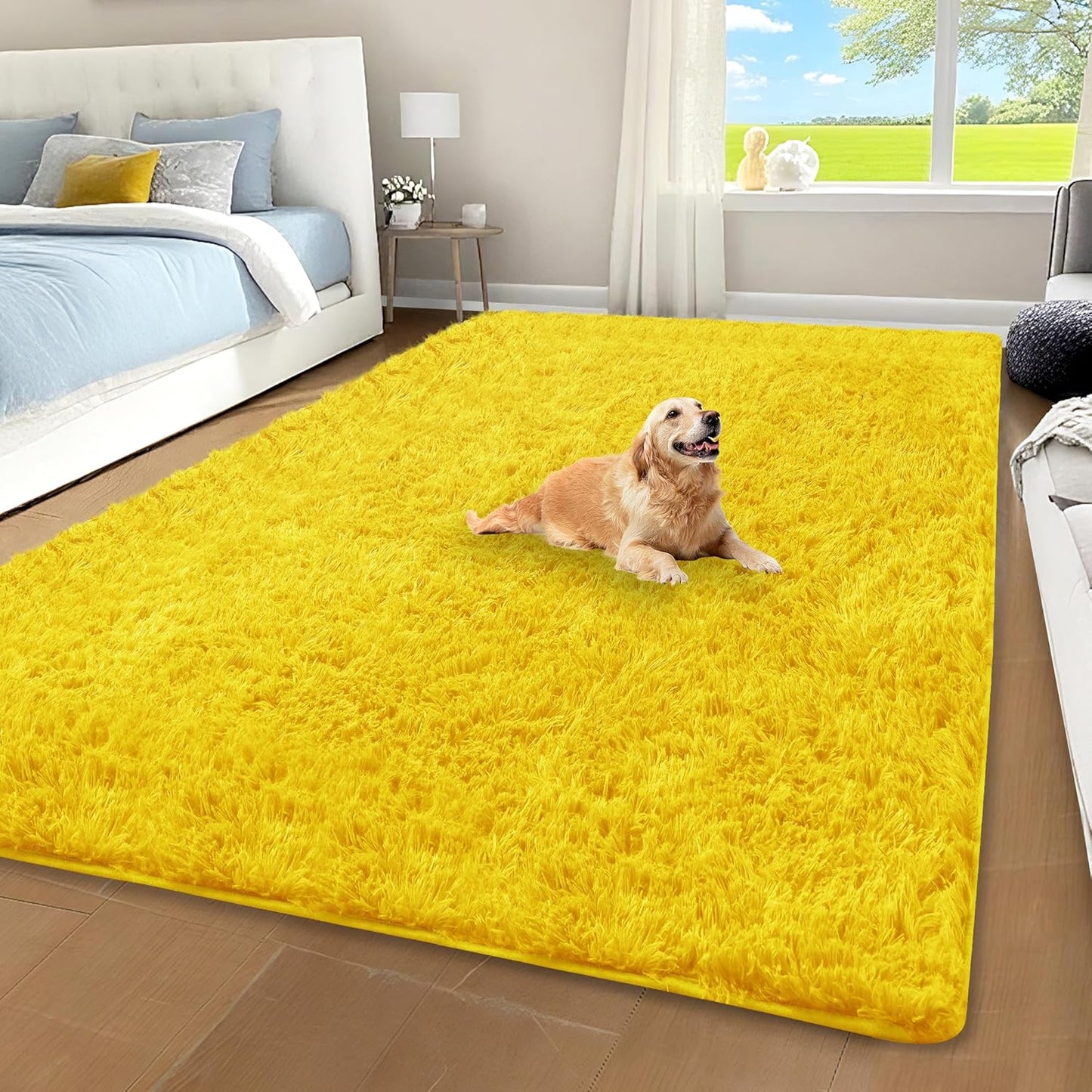 Yellow Shag Area Rug for Bedroom, 4x6 Fluffy Shaggy Rugs for Living Room Nursery, Ultra Soft Comfy, Modern Fuzzy Plush Carpet for Kids Boys Girls Teen Dorm Indoor Home Decor, Upgrade Non-Slip