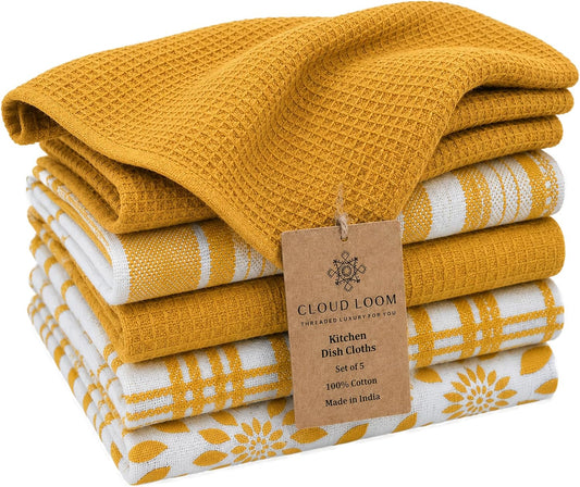 Cotton Assorted Yellow Kitchen Towels with Loop, Set of 5, 16"x26"