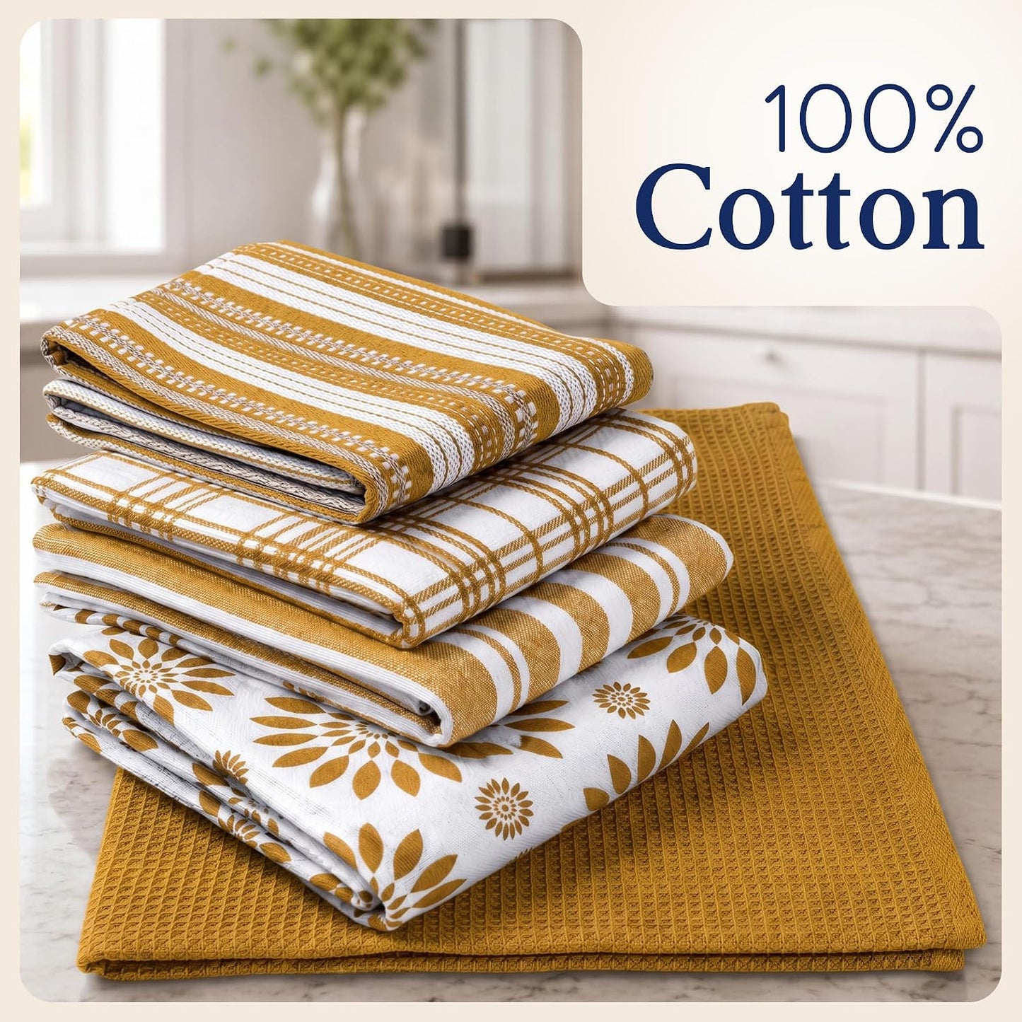 Cotton Assorted Yellow Kitchen Towels with Loop, Set of 5, 16"x26"
