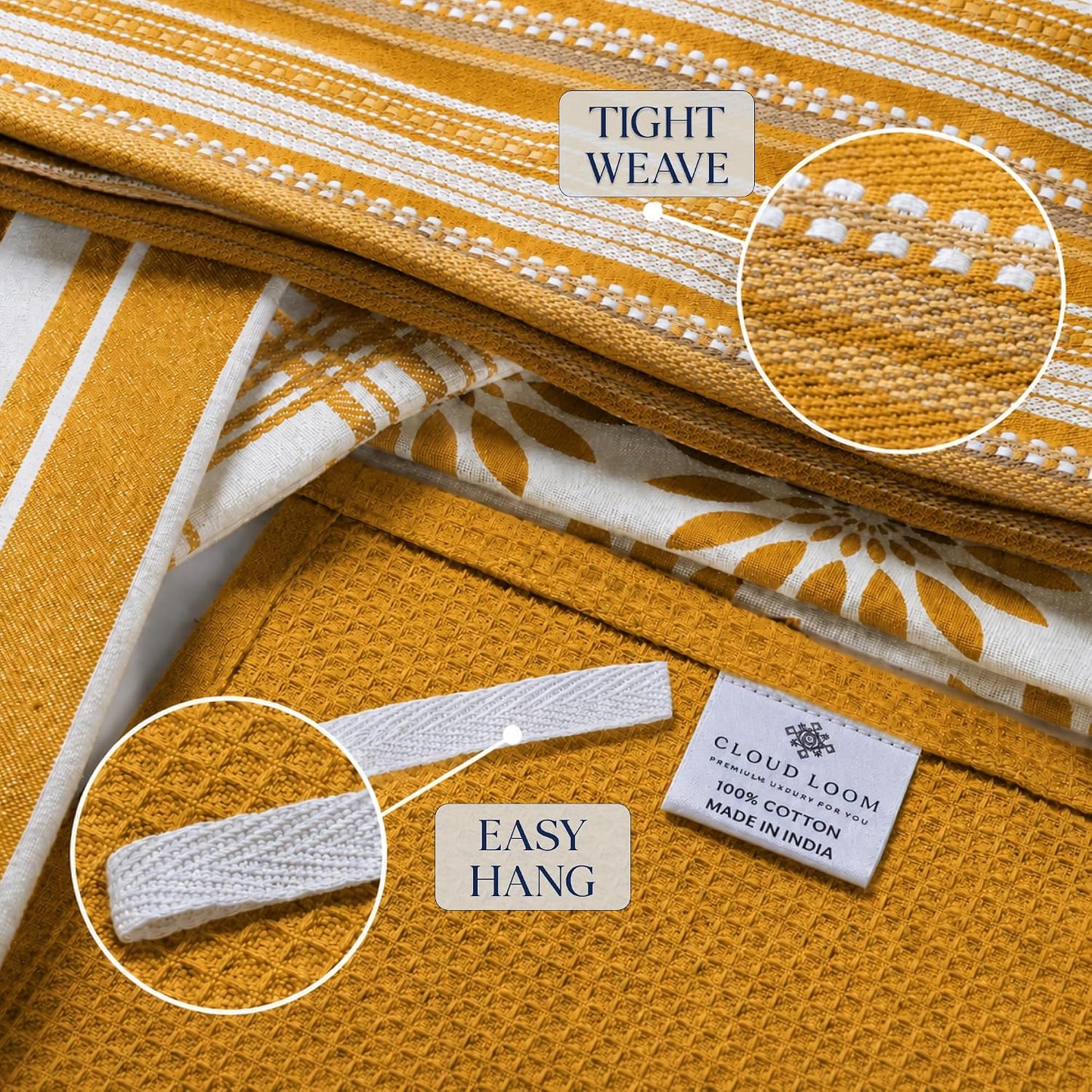 Cotton Assorted Yellow Kitchen Towels with Loop, Set of 5, 16"x26"