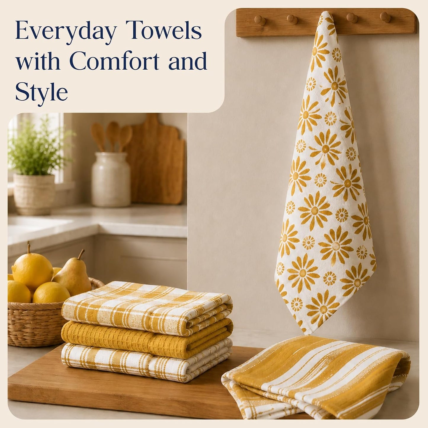 Cotton Assorted Yellow Kitchen Towels with Loop, Set of 5, 16"x26"