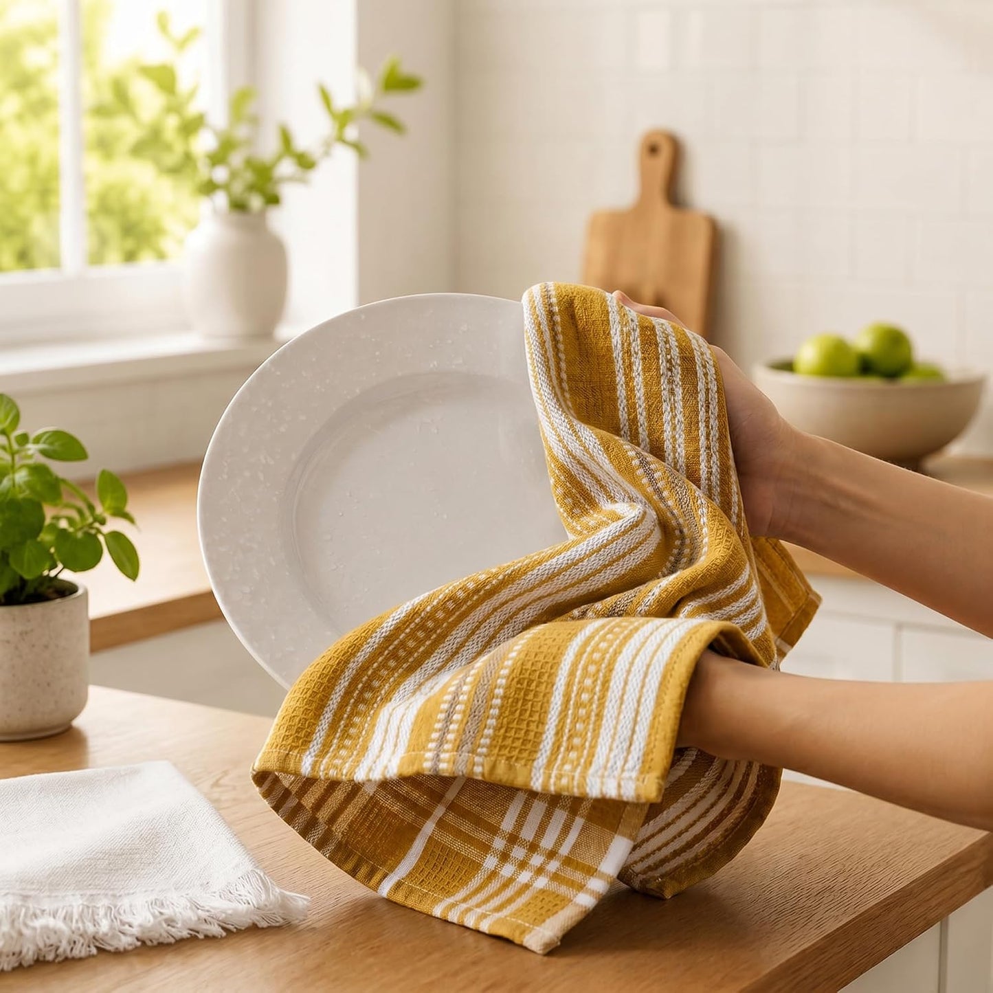 Cotton Assorted Yellow Kitchen Towels with Loop, Set of 5, 16"x26"