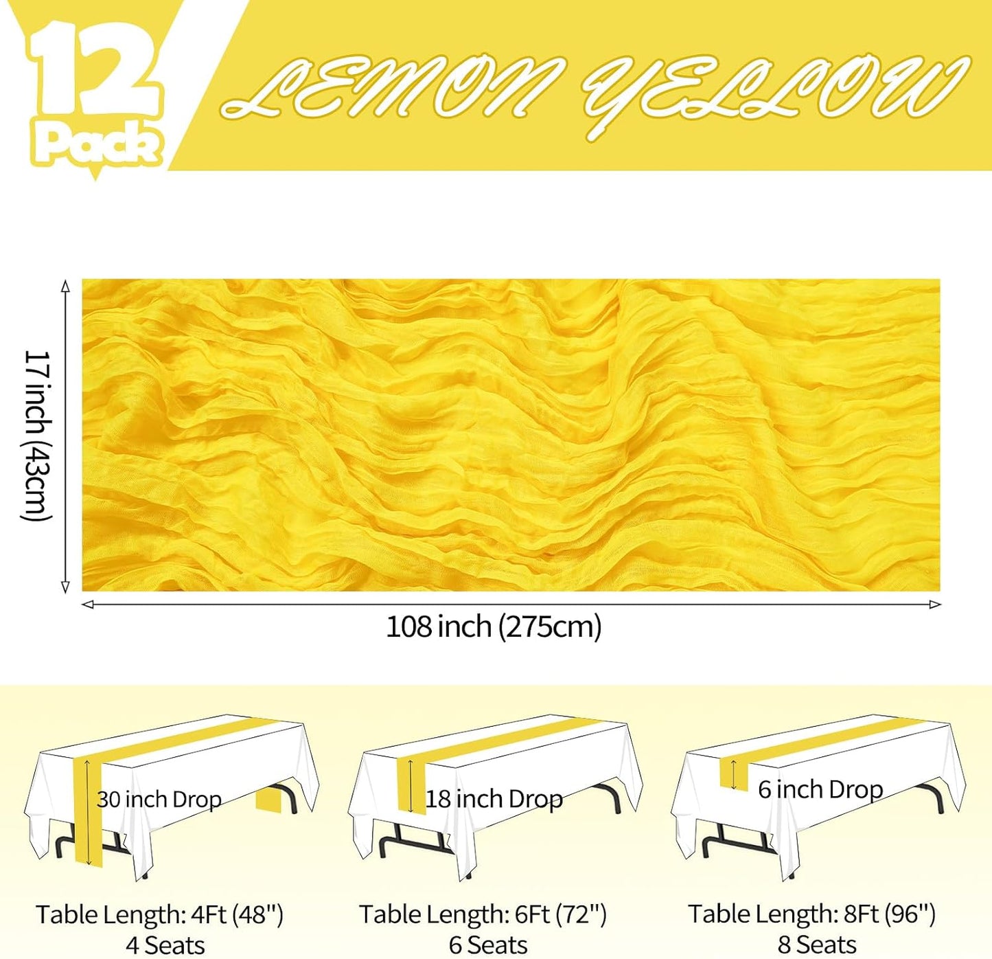 12 Pack Lemon Yellow Table Runner 17 x 108 Inch Cheesecloth | Boho Gauze, Rustic Sheer Fabric, Banquet Picnic, Baby Shower Party Wedding, Holiday Décor