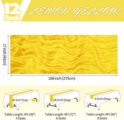 12 Pack Lemon Yellow Table Runner 17 x 108 Inch Cheesecloth | Boho Gauze, Rustic Sheer Fabric, Banquet Picnic, Baby Shower Party Wedding, Holiday Décor