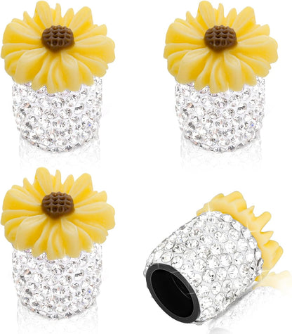 4 Pack Bling Valve Stem Caps - Crystal Rhinestone Daisy Flower Dustproof Tire Valve Caps - Universal for Cars, Trucks and Motorcycles (Yellow)