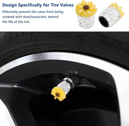 4 Pack Bling Valve Stem Caps - Crystal Rhinestone Daisy Flower Dustproof Tire Valve Caps - Universal for Cars, Trucks and Motorcycles (Yellow)