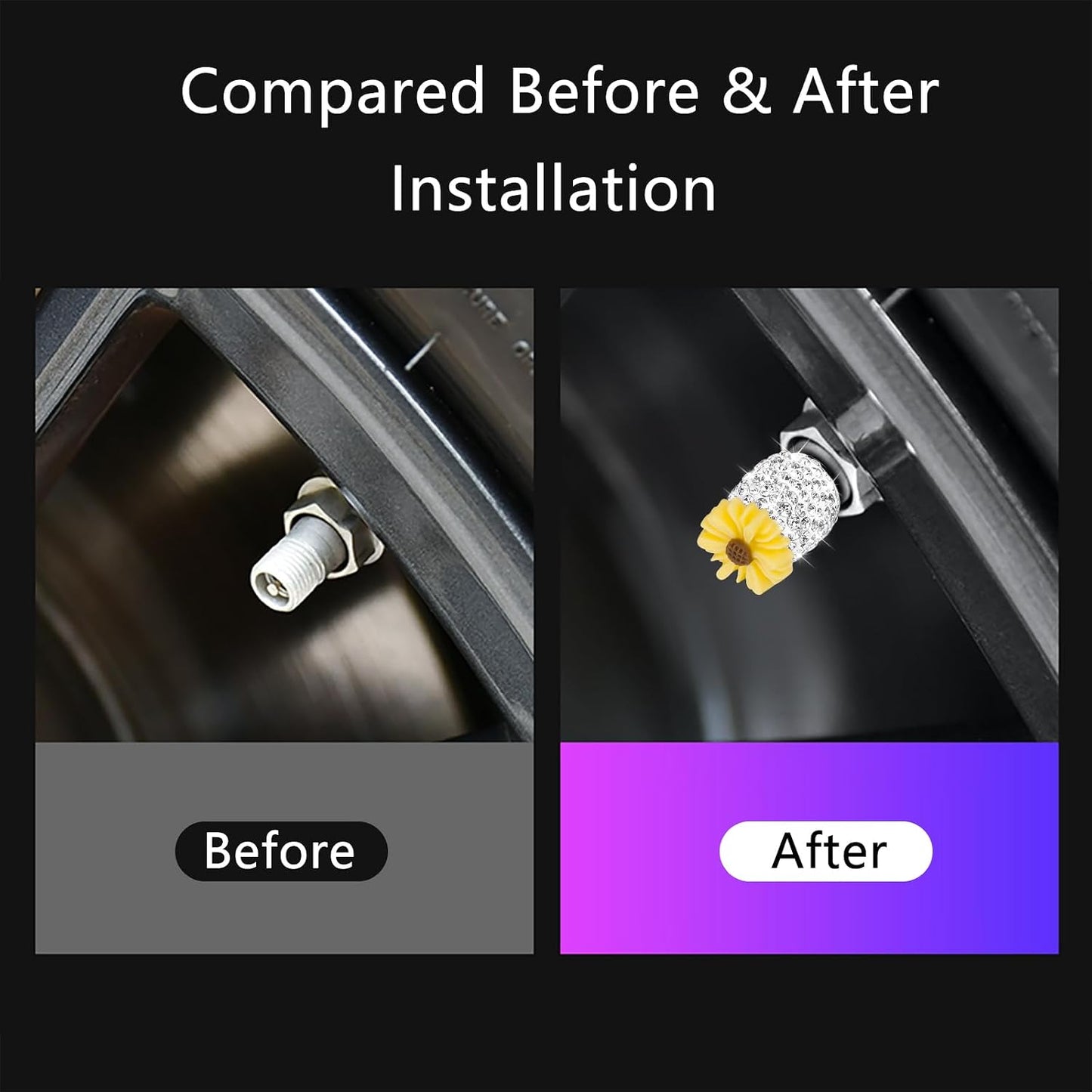 4 Pack Bling Valve Stem Caps - Crystal Rhinestone Daisy Flower Dustproof Tire Valve Caps - Universal for Cars, Trucks and Motorcycles (Yellow)