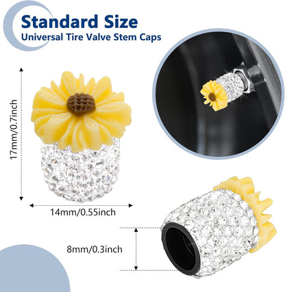 4 Pack Bling Valve Stem Caps - Crystal Rhinestone Daisy Flower Dustproof Tire Valve Caps - Universal for Cars, Trucks and Motorcycles (Yellow)