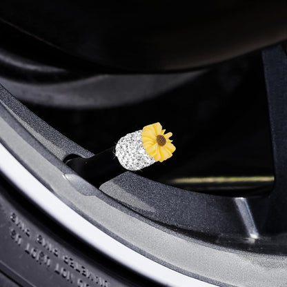 4 Pack Bling Valve Stem Caps - Crystal Rhinestone Daisy Flower Dustproof Tire Valve Caps - Universal for Cars, Trucks and Motorcycles (Yellow)