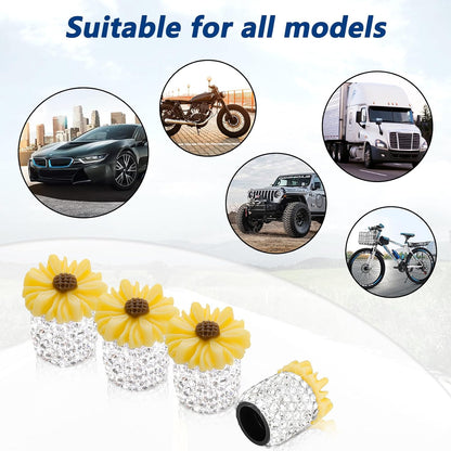 4 Pack Bling Valve Stem Caps - Crystal Rhinestone Daisy Flower Dustproof Tire Valve Caps - Universal for Cars, Trucks and Motorcycles (Yellow)