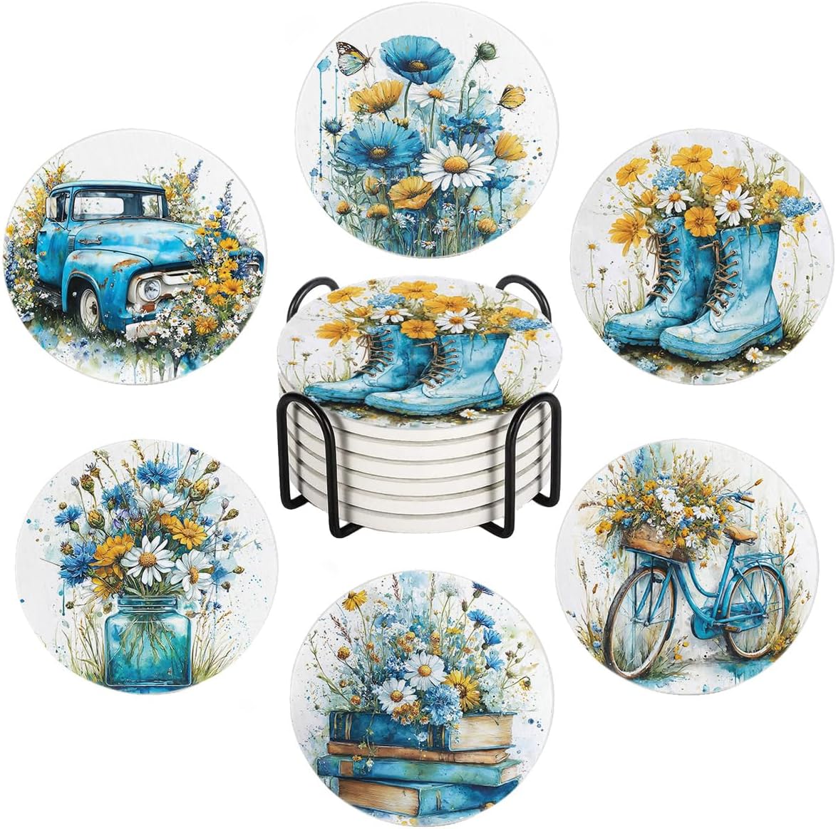 Spring Drink Absorbent Coasters with Holder Set of 6, Ceramic Stone with Cork Base, Blue Yellow Floral Wildflowers Coaster for Drinks, Gift for Housewarming Room Bar Home Decor Kitchen
