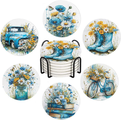 Spring Drink Absorbent Coasters with Holder Set of 6, Ceramic Stone with Cork Base, Blue Yellow Floral Wildflowers Coaster for Drinks, Gift for Housewarming Room Bar Home Decor Kitchen