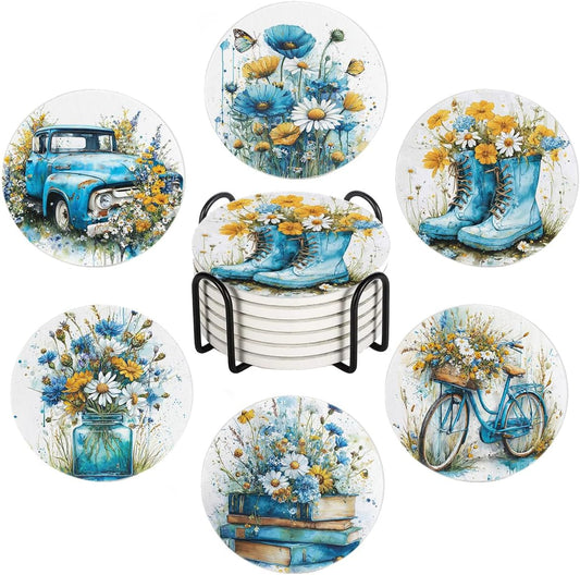 Spring Drink Absorbent Coasters with Holder Set of 6, Ceramic Stone with Cork Base, Blue Yellow Floral Wildflowers Coaster for Drinks, Gift for Housewarming Room Bar Home Decor Kitchen