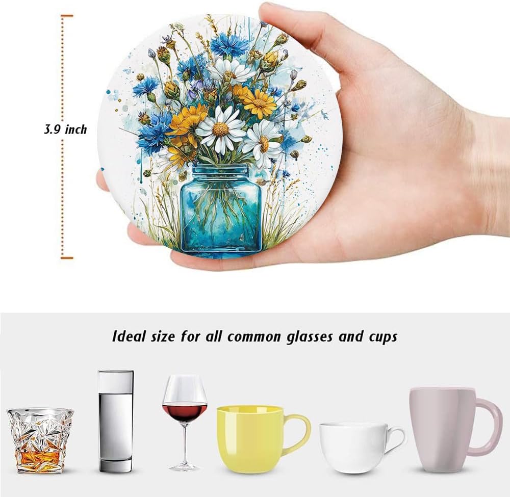 Spring Drink Absorbent Coasters with Holder Set of 6, Ceramic Stone with Cork Base, Blue Yellow Floral Wildflowers Coaster for Drinks, Gift for Housewarming Room Bar Home Decor Kitchen