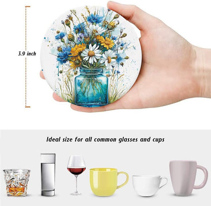 Spring Drink Absorbent Coasters with Holder Set of 6, Ceramic Stone with Cork Base, Blue Yellow Floral Wildflowers Coaster for Drinks, Gift for Housewarming Room Bar Home Decor Kitchen