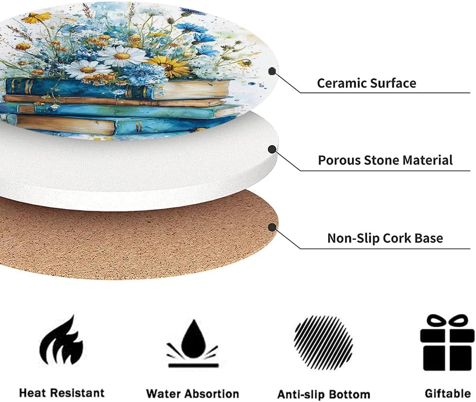 Spring Drink Absorbent Coasters with Holder Set of 6, Ceramic Stone with Cork Base, Blue Yellow Floral Wildflowers Coaster for Drinks, Gift for Housewarming Room Bar Home Decor Kitchen