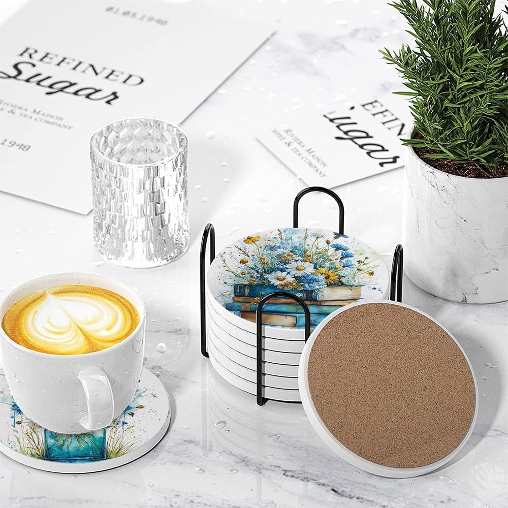Spring Drink Absorbent Coasters with Holder Set of 6, Ceramic Stone with Cork Base, Blue Yellow Floral Wildflowers Coaster for Drinks, Gift for Housewarming Room Bar Home Decor Kitchen