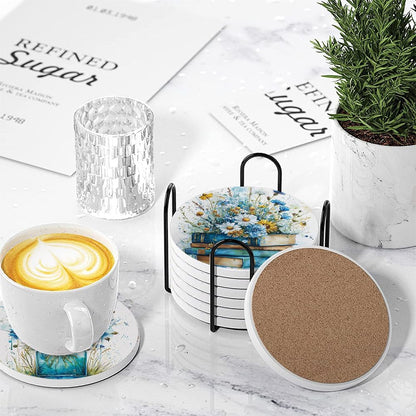 Spring Drink Absorbent Coasters with Holder Set of 6, Ceramic Stone with Cork Base, Blue Yellow Floral Wildflowers Coaster for Drinks, Gift for Housewarming Room Bar Home Decor Kitchen