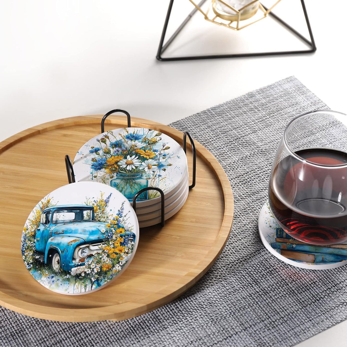 Spring Drink Absorbent Coasters with Holder Set of 6, Ceramic Stone with Cork Base, Blue Yellow Floral Wildflowers Coaster for Drinks, Gift for Housewarming Room Bar Home Decor Kitchen