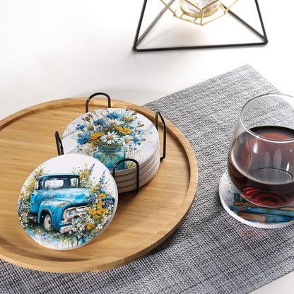Spring Drink Absorbent Coasters with Holder Set of 6, Ceramic Stone with Cork Base, Blue Yellow Floral Wildflowers Coaster for Drinks, Gift for Housewarming Room Bar Home Decor Kitchen