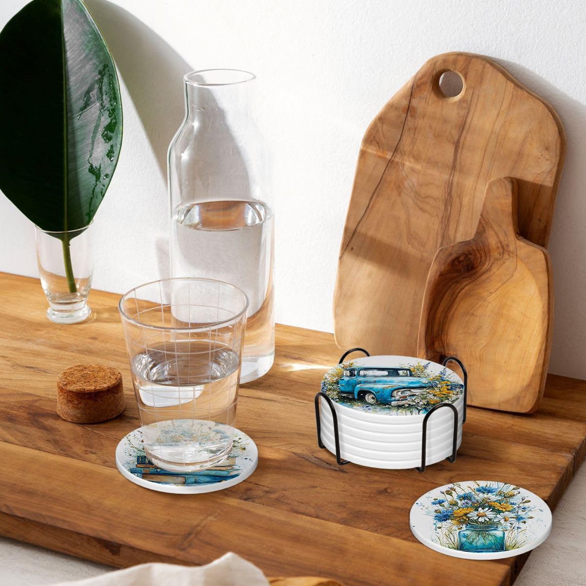 Spring Drink Absorbent Coasters with Holder Set of 6, Ceramic Stone with Cork Base, Blue Yellow Floral Wildflowers Coaster for Drinks, Gift for Housewarming Room Bar Home Decor Kitchen
