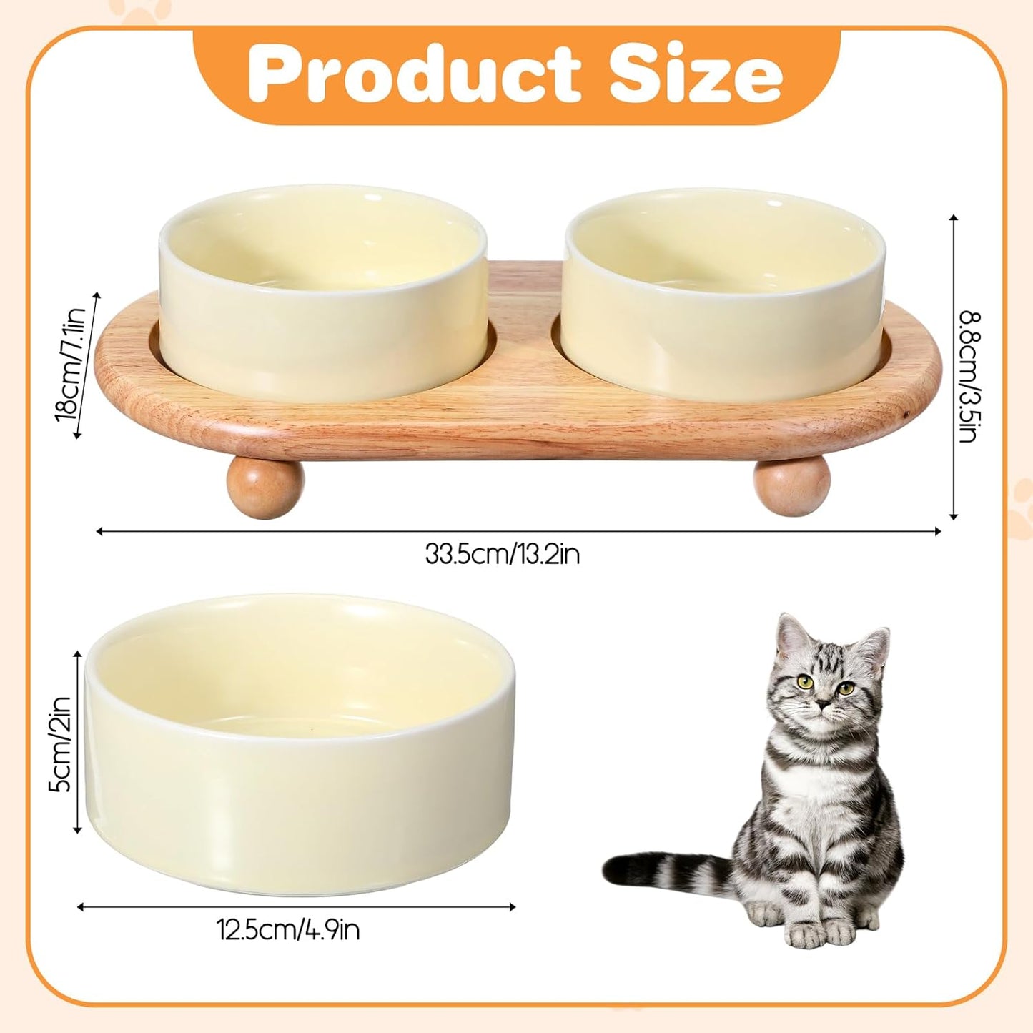Elevated Ceramic Cat Food and Water Bowl, 5.1" Raised Double Cat Bowls with Wooden Stand, Cute Pet Food Table Feeder Wide Cats Water Dish, Non Slip Pets Feeder Stand for Cats Dog Puppy Kitty Pet