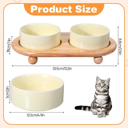 Elevated Ceramic Cat Food and Water Bowl, 5.1" Raised Double Cat Bowls with Wooden Stand, Cute Pet Food Table Feeder Wide Cats Water Dish, Non Slip Pets Feeder Stand for Cats Dog Puppy Kitty Pet
