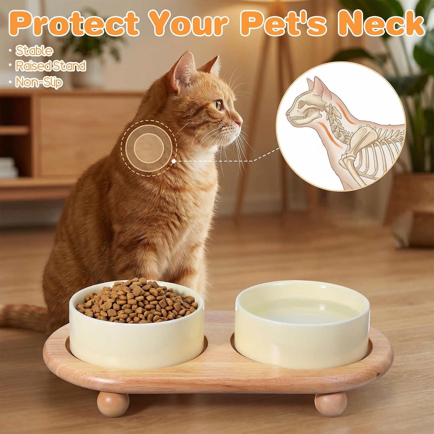Elevated Ceramic Cat Food and Water Bowl, 5.1" Raised Double Cat Bowls with Wooden Stand, Cute Pet Food Table Feeder Wide Cats Water Dish, Non Slip Pets Feeder Stand for Cats Dog Puppy Kitty Pet