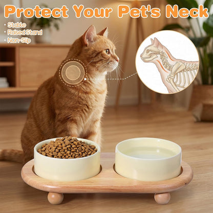 Elevated Ceramic Cat Food and Water Bowl, 5.1" Raised Double Cat Bowls with Wooden Stand, Cute Pet Food Table Feeder Wide Cats Water Dish, Non Slip Pets Feeder Stand for Cats Dog Puppy Kitty Pet