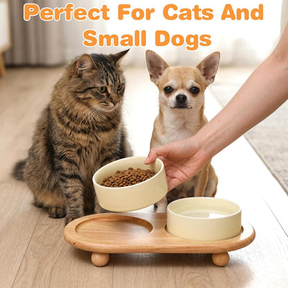 Elevated Ceramic Cat Food and Water Bowl, 5.1" Raised Double Cat Bowls with Wooden Stand, Cute Pet Food Table Feeder Wide Cats Water Dish, Non Slip Pets Feeder Stand for Cats Dog Puppy Kitty Pet