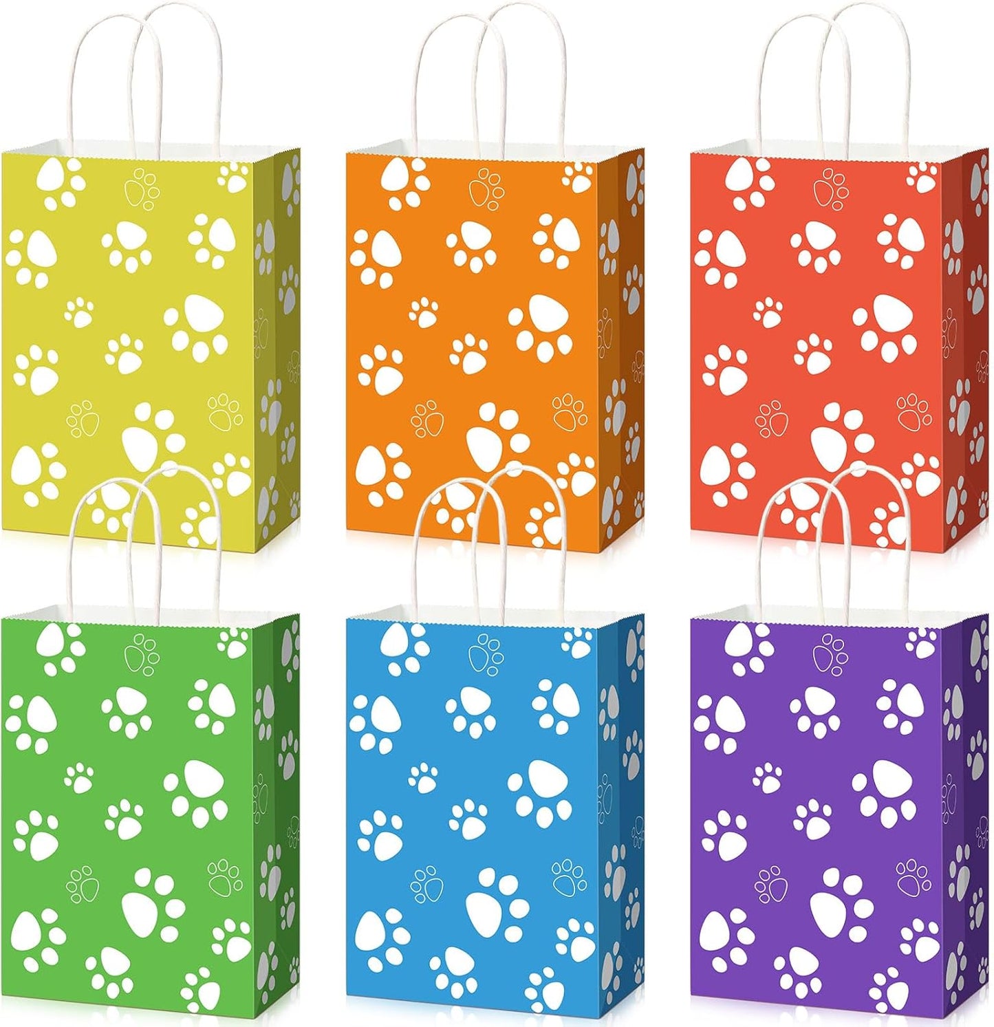 24 Pcs Dog Party Favor Bags with Handle - 8.7 x 6.3 x 3.2” Paper Paw Print Treat Candy Goodie Gift Bags Bulk for Puppy Dog Cat Birthday Pet Party Favors Packing Supplies, 6 Colors