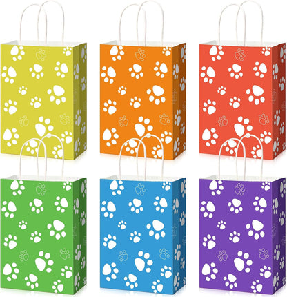 24 Pcs Dog Party Favor Bags with Handle - 8.7 x 6.3 x 3.2” Paper Paw Print Treat Candy Goodie Gift Bags Bulk for Puppy Dog Cat Birthday Pet Party Favors Packing Supplies, 6 Colors