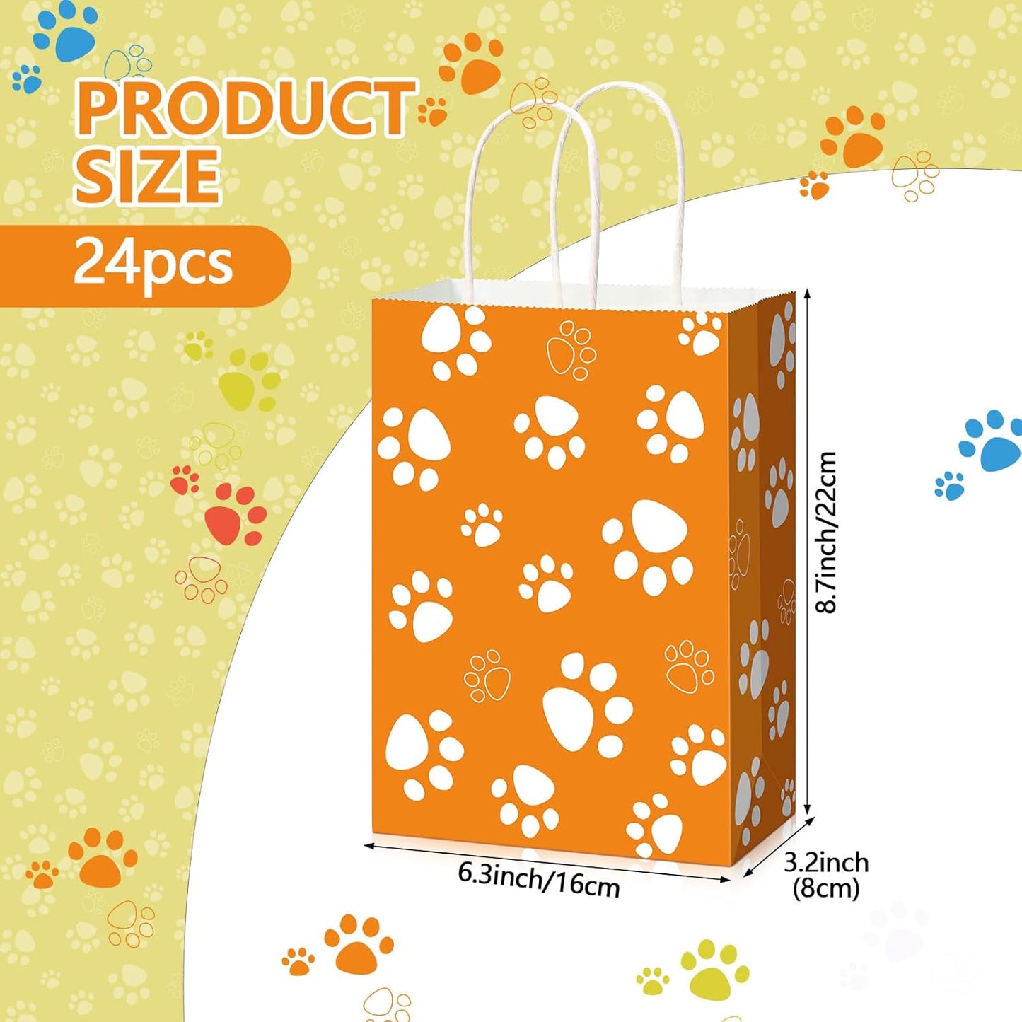 24 Pcs Dog Party Favor Bags with Handle - 8.7 x 6.3 x 3.2” Paper Paw Print Treat Candy Goodie Gift Bags Bulk for Puppy Dog Cat Birthday Pet Party Favors Packing Supplies, 6 Colors