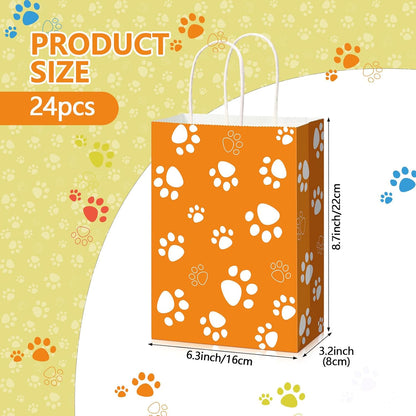 24 Pcs Dog Party Favor Bags with Handle - 8.7 x 6.3 x 3.2” Paper Paw Print Treat Candy Goodie Gift Bags Bulk for Puppy Dog Cat Birthday Pet Party Favors Packing Supplies, 6 Colors