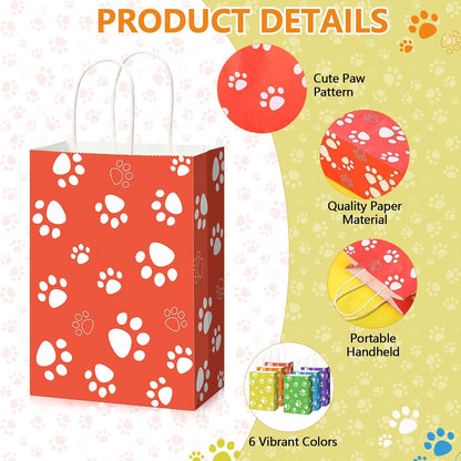24 Pcs Dog Party Favor Bags with Handle - 8.7 x 6.3 x 3.2” Paper Paw Print Treat Candy Goodie Gift Bags Bulk for Puppy Dog Cat Birthday Pet Party Favors Packing Supplies, 6 Colors