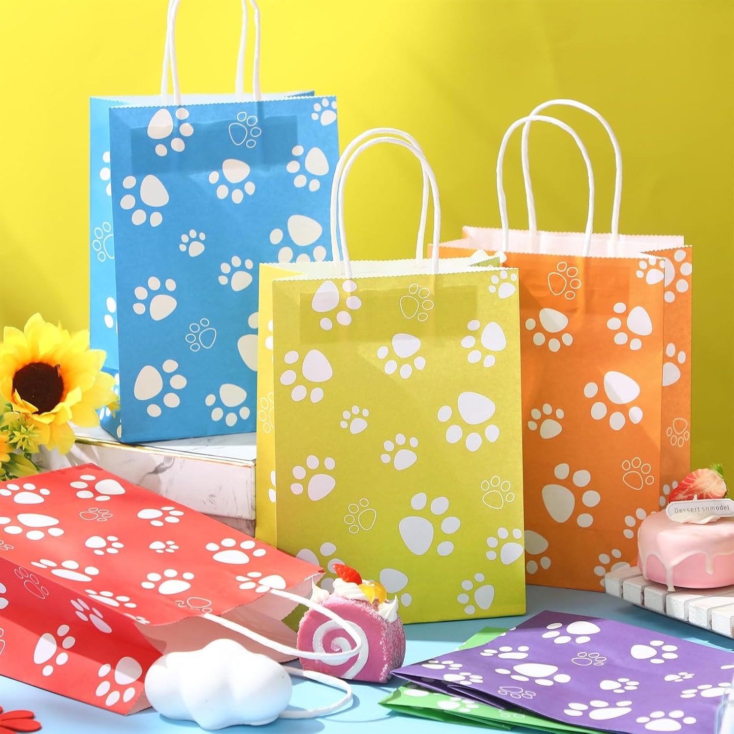 24 Pcs Dog Party Favor Bags with Handle - 8.7 x 6.3 x 3.2” Paper Paw Print Treat Candy Goodie Gift Bags Bulk for Puppy Dog Cat Birthday Pet Party Favors Packing Supplies, 6 Colors