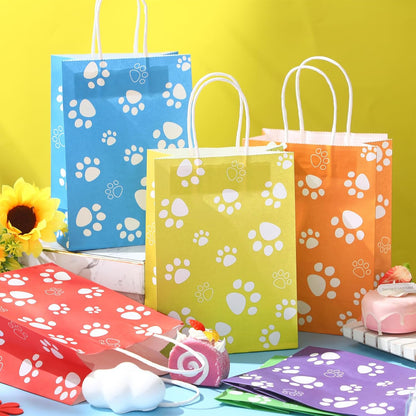 24 Pcs Dog Party Favor Bags with Handle - 8.7 x 6.3 x 3.2” Paper Paw Print Treat Candy Goodie Gift Bags Bulk for Puppy Dog Cat Birthday Pet Party Favors Packing Supplies, 6 Colors