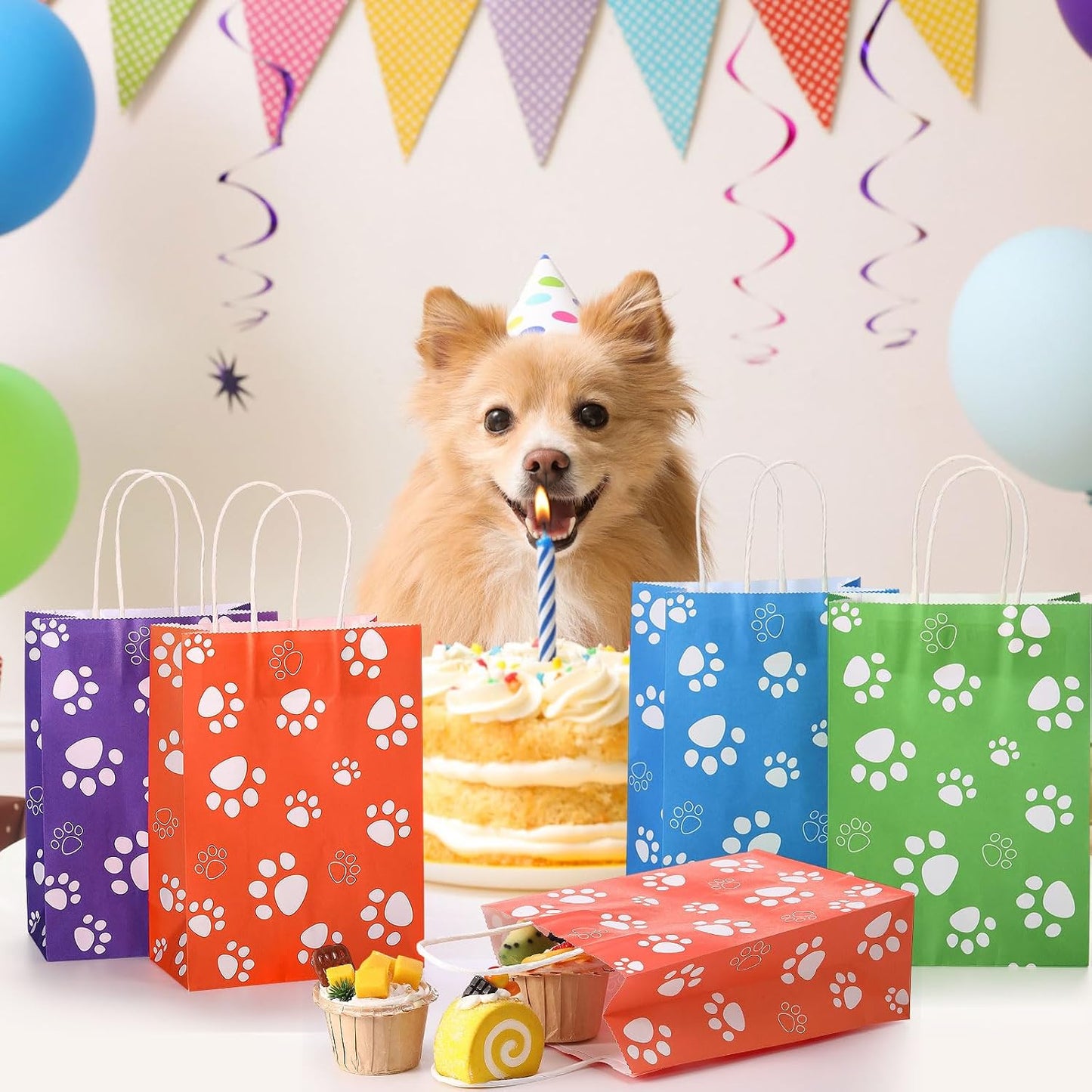 24 Pcs Dog Party Favor Bags with Handle - 8.7 x 6.3 x 3.2” Paper Paw Print Treat Candy Goodie Gift Bags Bulk for Puppy Dog Cat Birthday Pet Party Favors Packing Supplies, 6 Colors