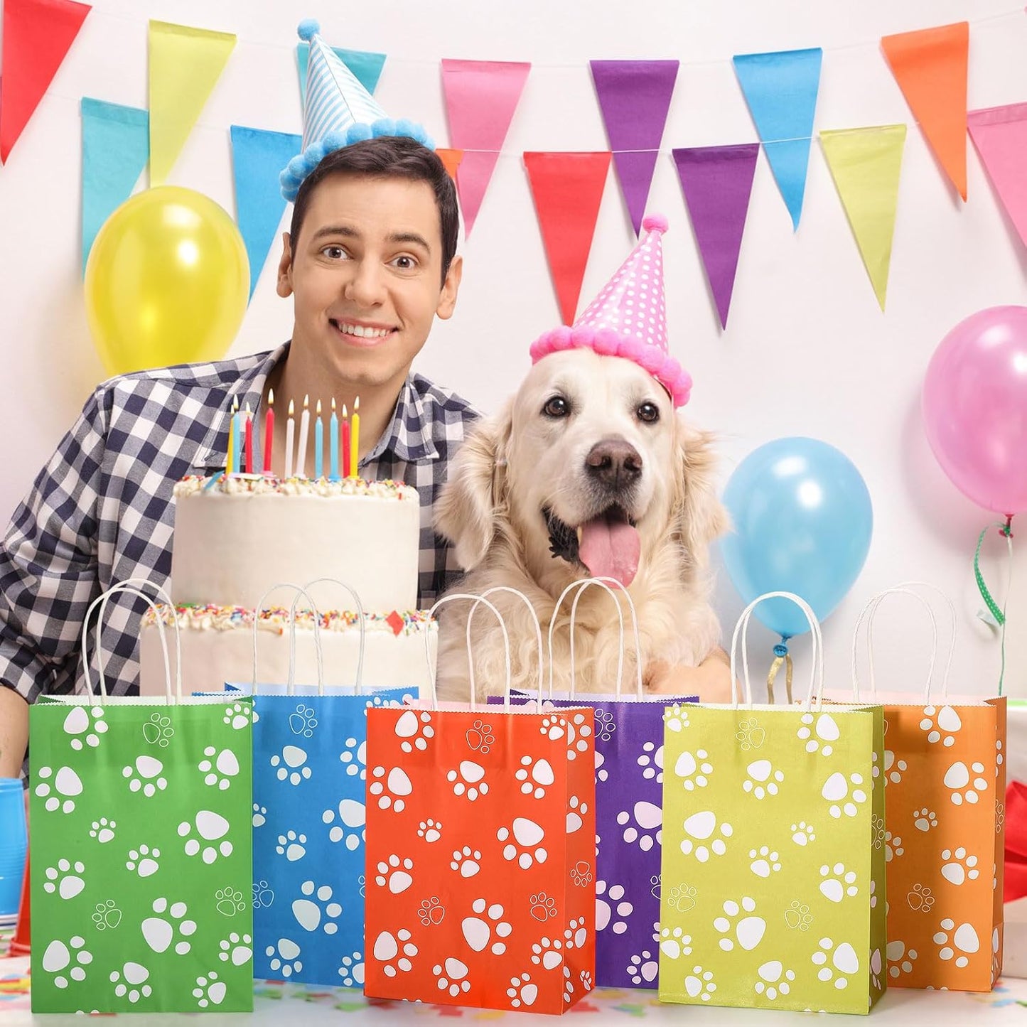24 Pcs Dog Party Favor Bags with Handle - 8.7 x 6.3 x 3.2” Paper Paw Print Treat Candy Goodie Gift Bags Bulk for Puppy Dog Cat Birthday Pet Party Favors Packing Supplies, 6 Colors