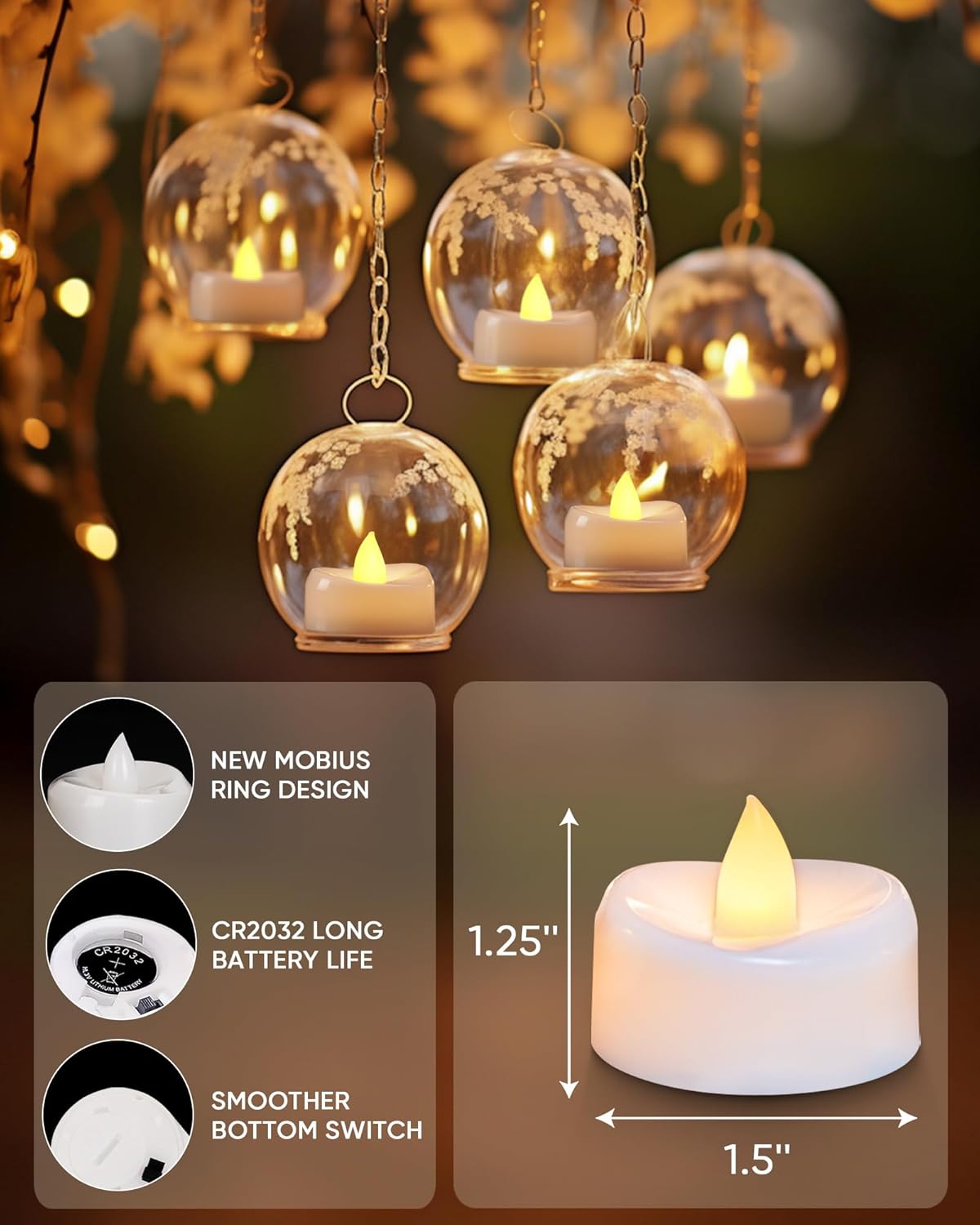 LED Candles, 50Pack Tea Lights Candle Battery Operated Bulk, Flameless Tealight Candle, Realistic Tea Lights for Christmas Halloween Wedding Diwali Decor, 1.5'' D X 1.25'' H, Warm Yellow